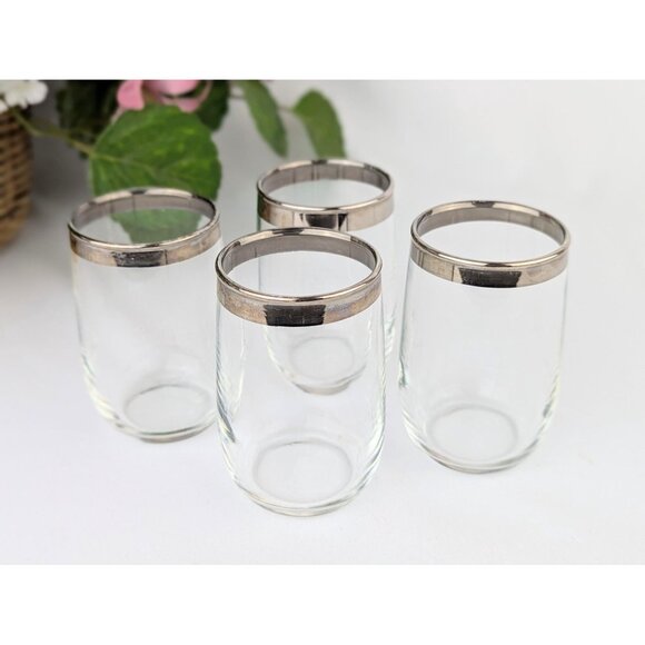 Set of 4 Vintage Silver Rim Roly Poly Juice Glasses Mid-Century Modern Barware - Picture 2 of 7